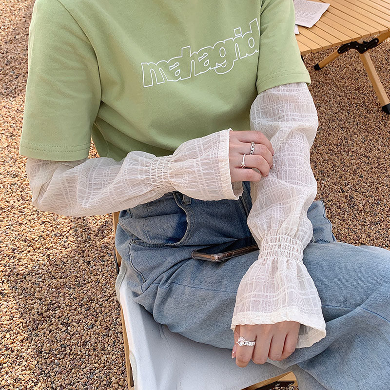 仙女bi备~户外开车防晒冰丝袖套女夏季韩国百搭蕾丝防紫外线冰袖