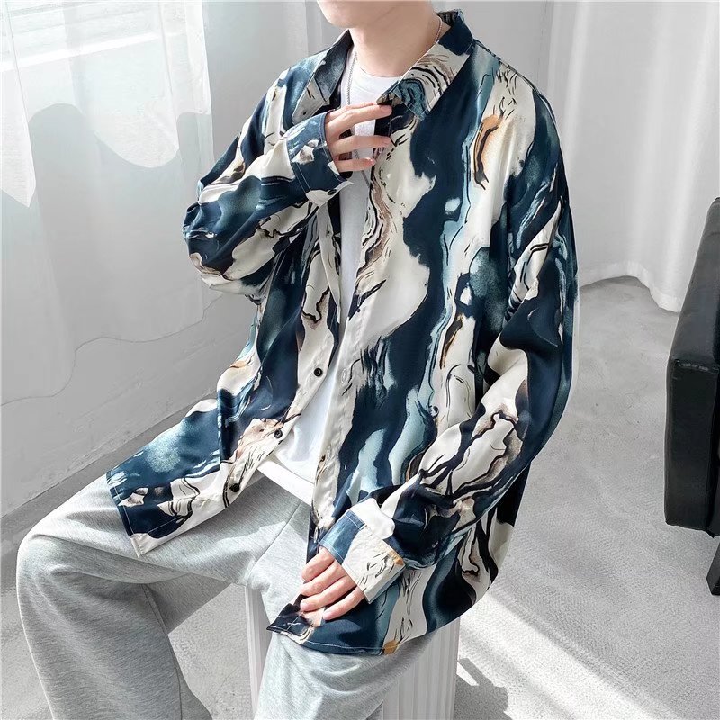 男大码扎染日系衬衫港风长袖外套韩版胖子复古衬衣潮流宽松春秋季