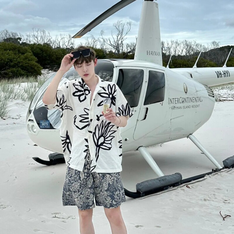 海岛度假旅行花衬衫短袖男生海边大码胖子穿搭泰国三亚古巴领外套