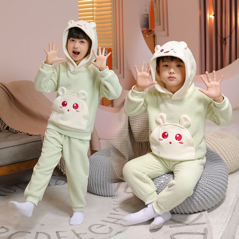 女童法兰绒睡衣男孩秋冬加厚保暖家居服可爱卡通连帽套头卫衣套装