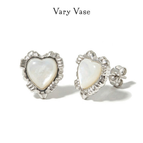 VaryVase贝母爱心银色耳钉轻奢