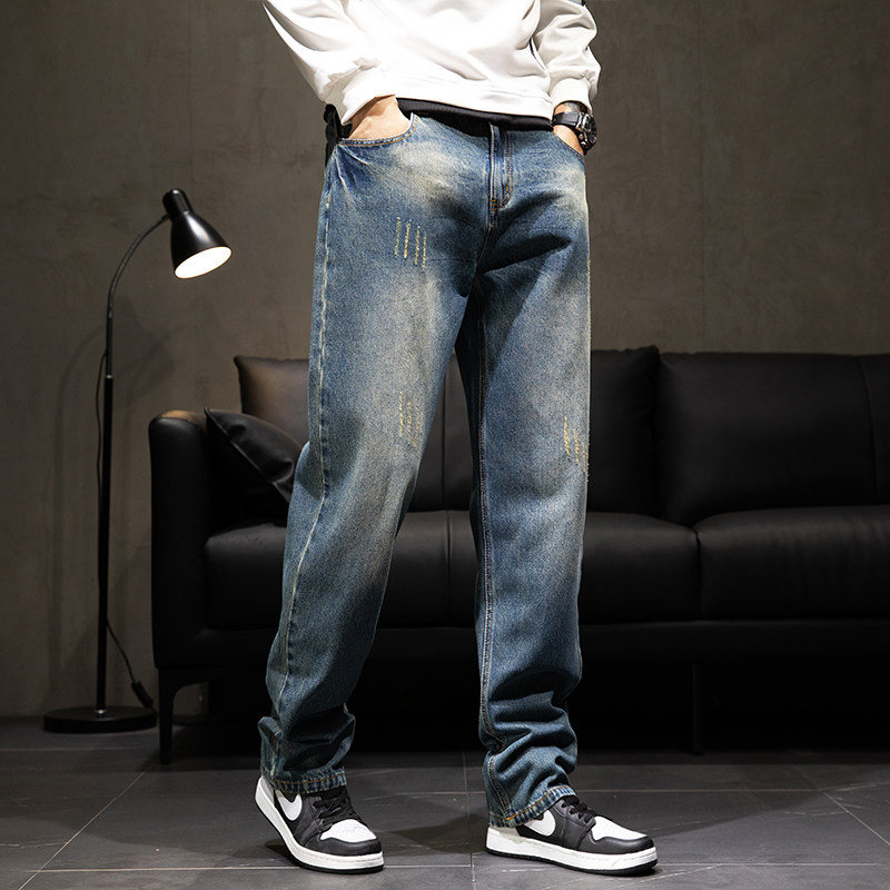 WINTER LOOSE STRAIGHT PILE THICKENED JEANS MENS AUTUMN AND WINTER 200 POUNDS FAT PLUS SIZE THICK LEG LONG PANTS