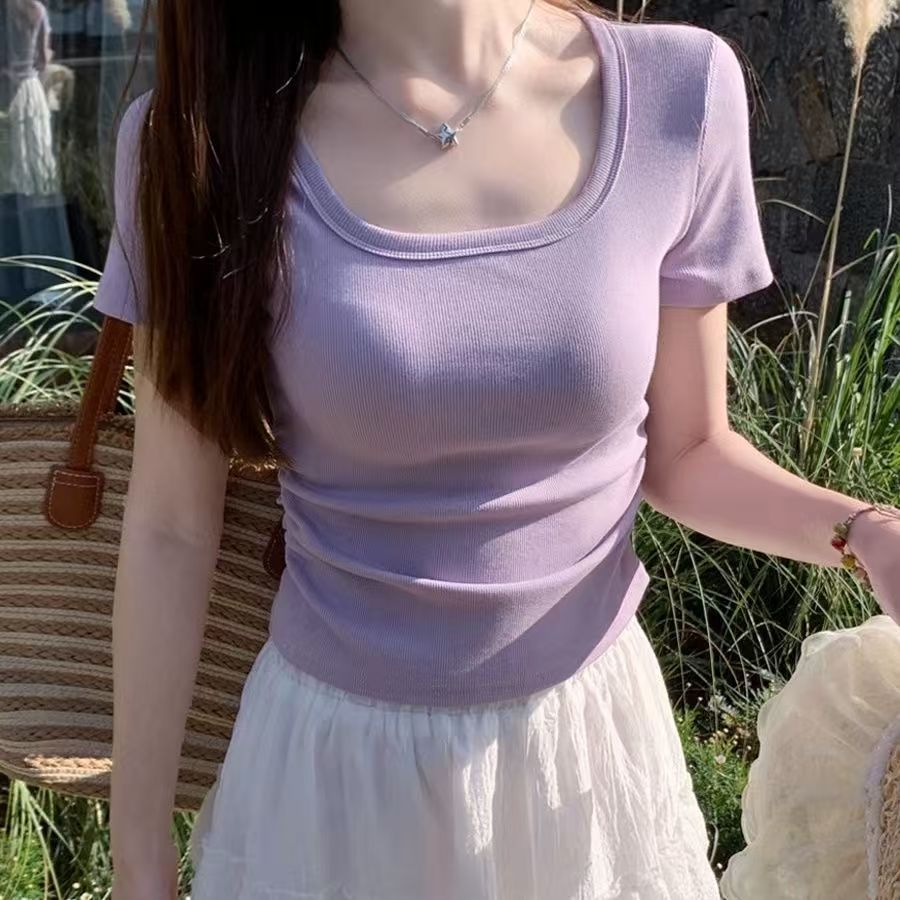 紫色设计感短袖夏U领T恤女上衣