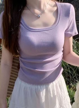 韩版紫色设计感短袖夏U领T恤女打底衫内搭修身显瘦性感辣妹款上衣