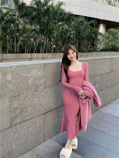 魚尾連衣裙女冬緊身收腰顯瘦包臀長裙 純欲性感ins潮辣妹方領長袖