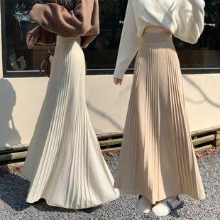 慵懒百褶针织鱼尾半身裙女秋冬高腰A字包臀裤 大摆裙 高级感中长款