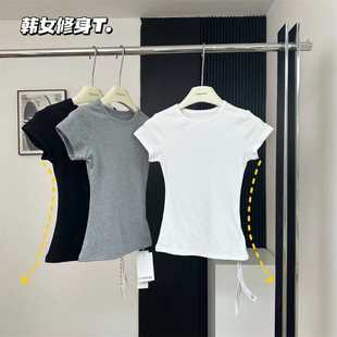 设计短款 纯色正肩弧形圆领短袖 打底衫 t恤女夏季 紧身显瘦上衣 新款