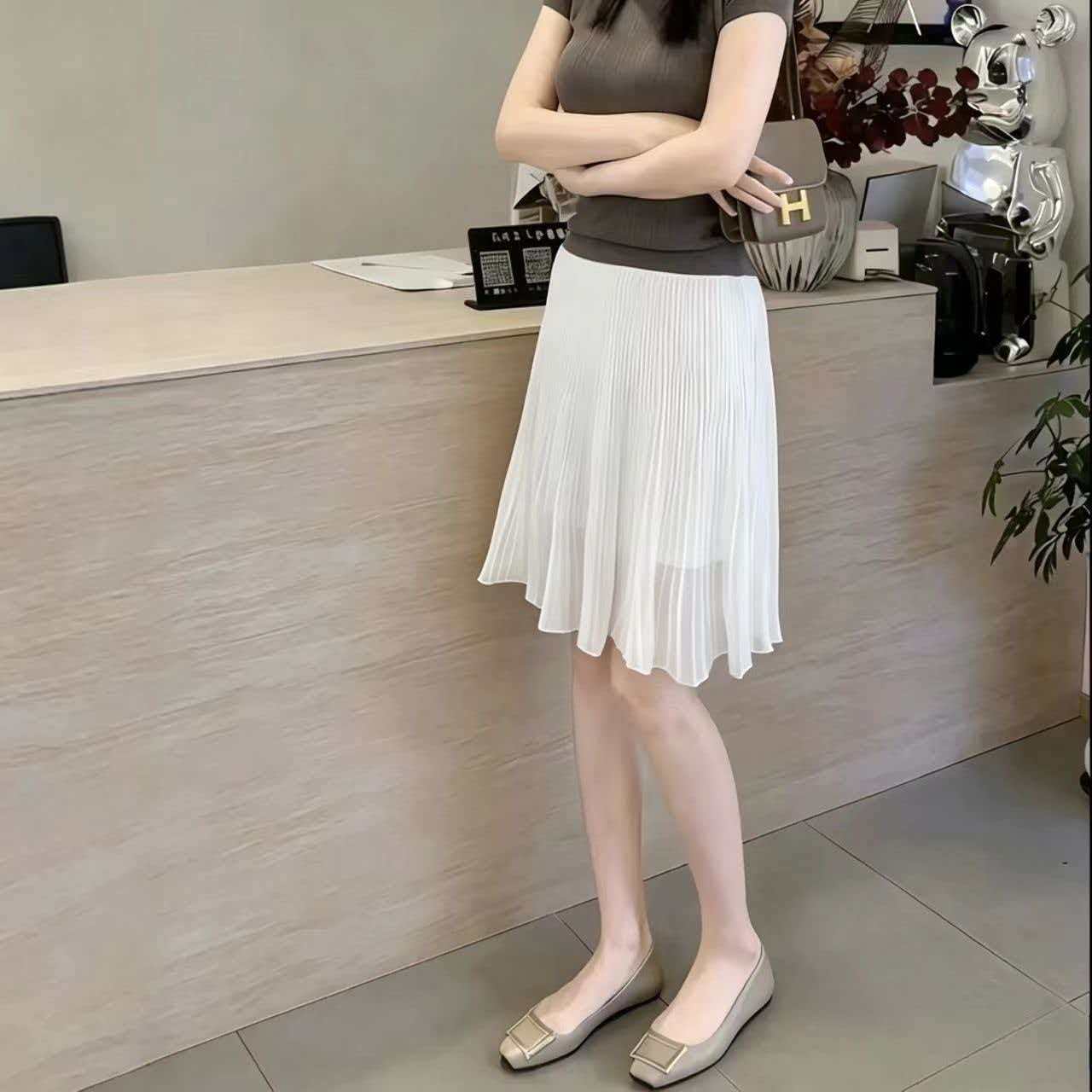 纯色凉感百褶半裙女夏季新款高腰显瘦温柔风百搭修身雪纺半身裙子