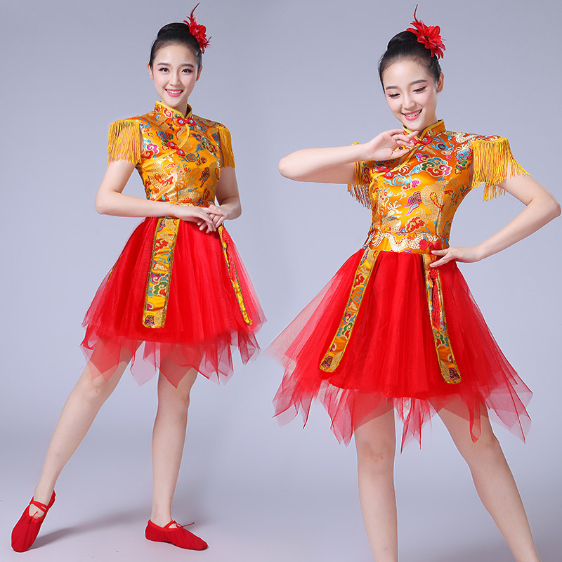 打鼓服装新款中国风成人女现代舞表演服水鼓舞短裙快板舞蹈演出服