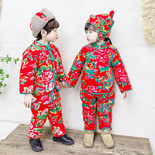 儿童东北大花布棉袄男过新年拜年