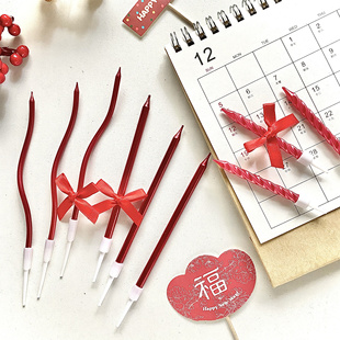 烘焙秘密 韩国跨年新年红色扭扭螺纹弯弯蜡烛 线条蜡烛蝴蝶结