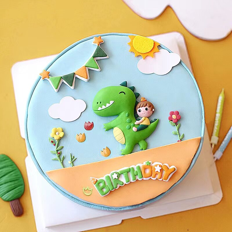 烘焙蛋糕装饰卡通骑恐龙宝宝云朵气球儿童主题插牌插件生日派对装