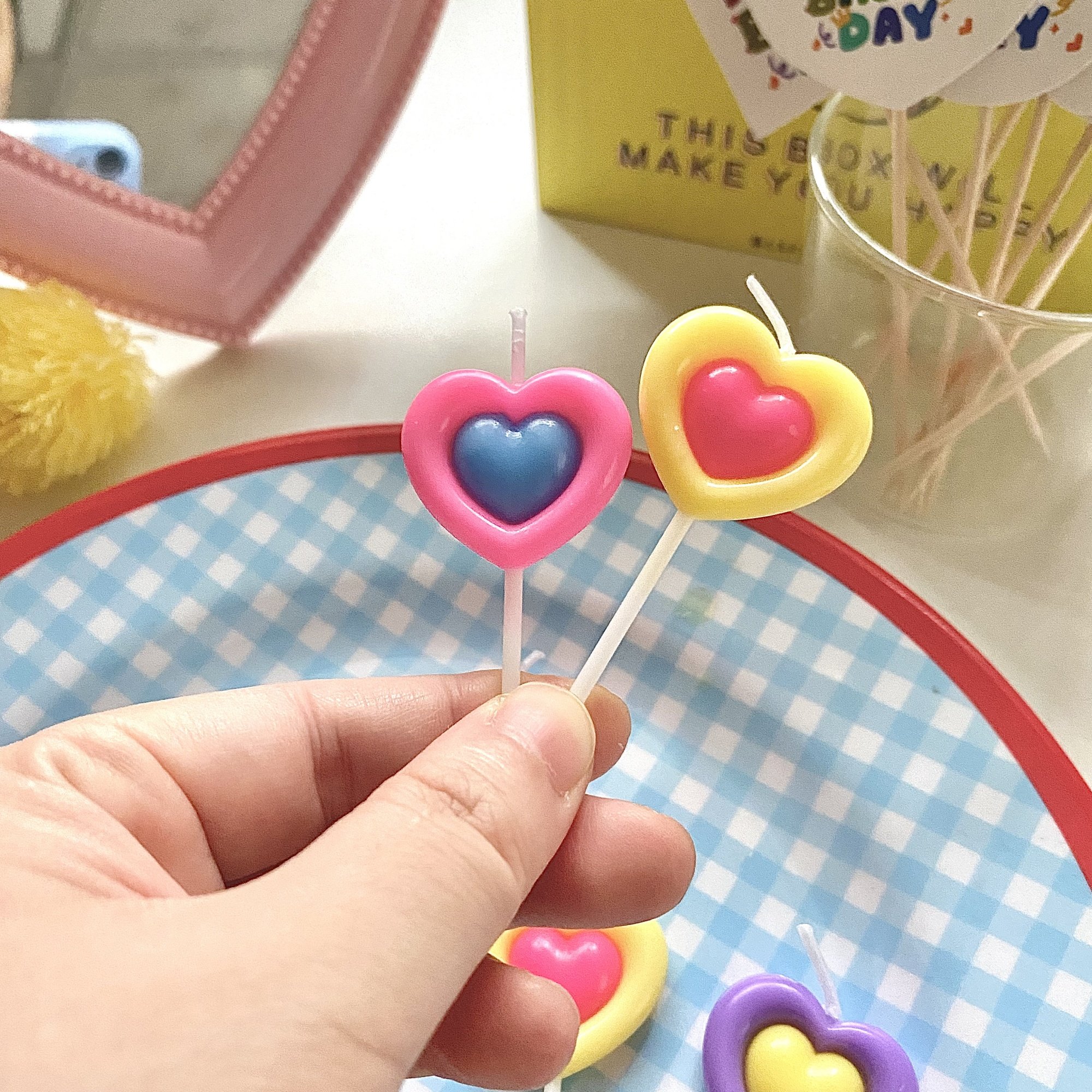烘焙秘密七夕韩国彩色双色爱心生日蜡烛插件装饰复古爱心蛋糕蜡烛