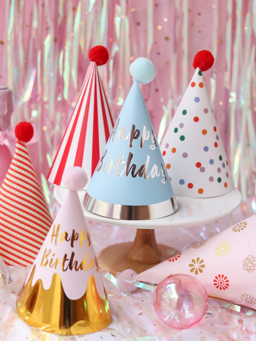 卡通毛球粉嫩红条纹波点生日帽