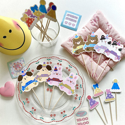 生日帽小动物过生日蛋糕装饰插牌