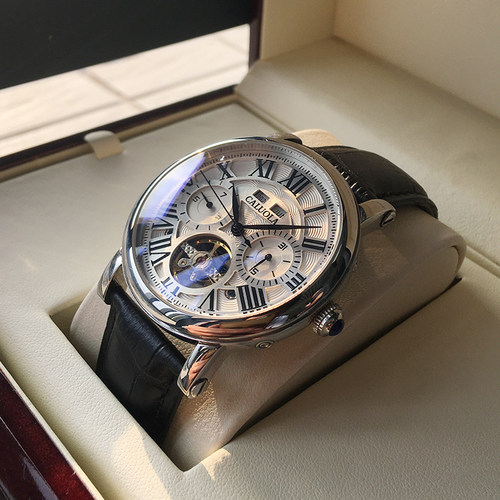 全自动机械镂空真皮防水男表