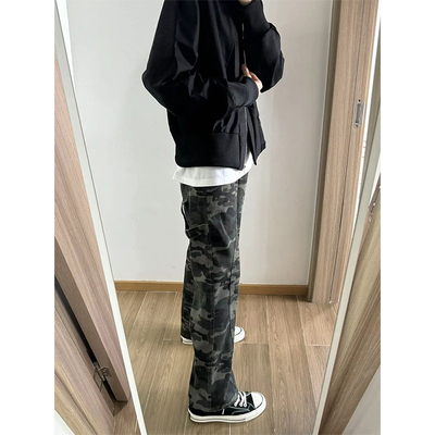 美式复古加绒迷彩牛仔裤男款秋冬