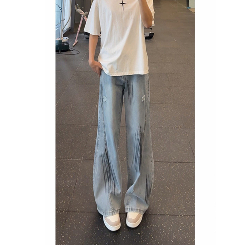 美式破洞弯刀牛仔裤宽松