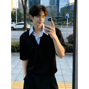 黑色假两件衬衫领短袖男夏季学院风正肩polo衫美式条纹拼接v领t恤