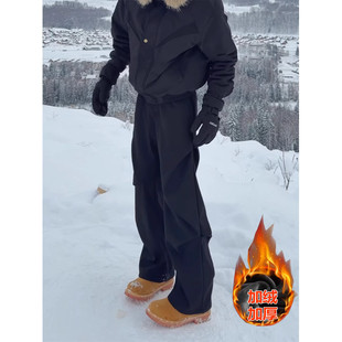 黑色工装风加绒西裤男款冬季加厚保暖直筒伞兵裤子垂感弯刀休闲裤