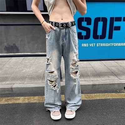 美式刮烂破洞牛仔裤男款春秋夏季