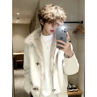 美式毛领PU皮座山雕外套男冬季加厚设计感飞机扣工装飞行夹克棉衣