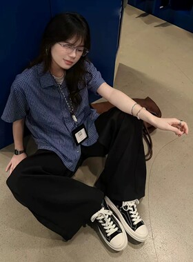 美式复古蓝色格子衬衫男女款夏季少年感短袖衬衣高级感休闲外套