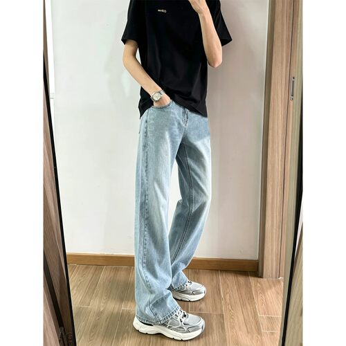 夏季浅蓝高腰显腿长男款牛仔裤