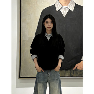 黑色美式假两件polo领卫衣男款冬季重磅高级感痞帅长袖内搭打底衫