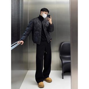 黑色重磅加绒弯刀卫裤男款冬季垂感阔腿运动裤子松弛感宽松休闲裤