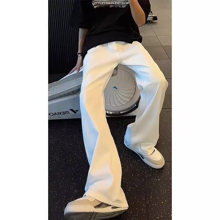 cleanfit白色裤子男美式高街微喇牛仔裤潮牌宽松阔腿直筒显瘦长裤