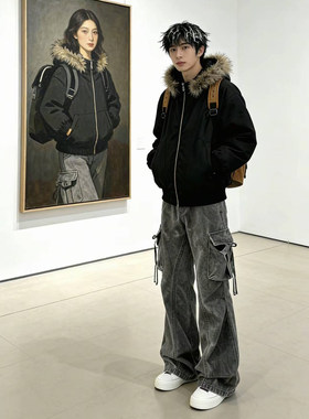 黑灰色水洗微喇工装裤男款春季大口袋弯刀牛仔裤美式高街vibe裤子