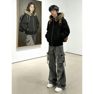 黑灰色水洗微喇工装裤男款春季大口袋弯刀牛仔裤美式高街vibe裤子