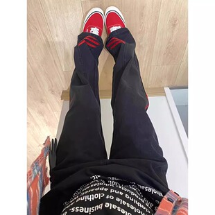 三条杠条纹拼接牛仔裤美式高街vibe裤子男款潮牌cleanfit微喇长裤