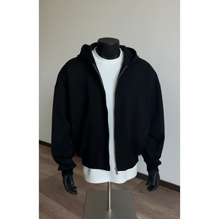 连帽美式 秋季 重磅cleanfit硬挺拉链外套 卫衣男款 黑色短宽boxy开衫