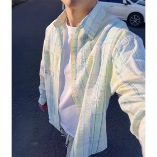 薄荷绿格子衬衣男夏季薄款泡泡纱防晒情侣长袖衬衫慵懒风休闲外套