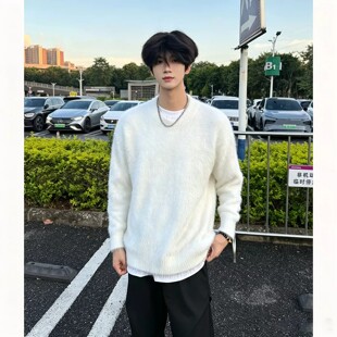 白色软糯水貂绒毛衣男款秋冬季内搭打底针织衫马海毛圆领毛线衣