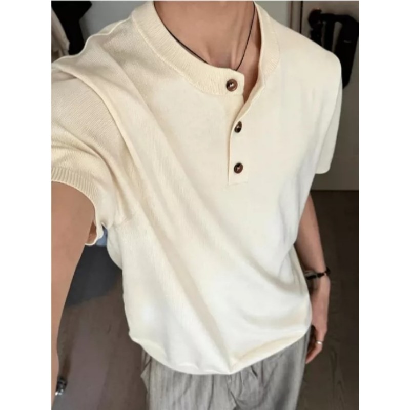 杏色亨利领短袖毛衣男士夏季老钱风松弛感针织衫痞帅正肩polo衫潮