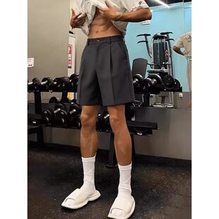 黑色冰丝直筒西装短裤男款夏季设计感速干运动裤子美式高级感西裤