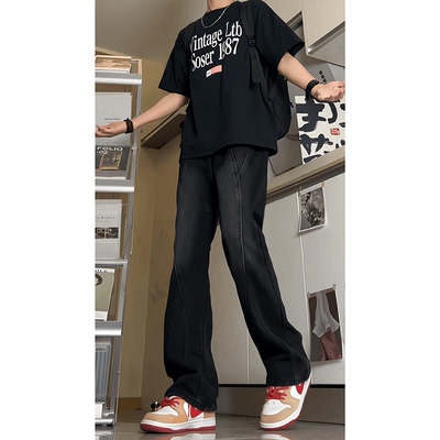 美式高街黑灰色拼接弯刀微喇裤