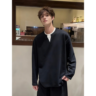 cleanfit假两件圆领卫衣男秋季痞帅高级感内搭打底衫正肩长袖t恤