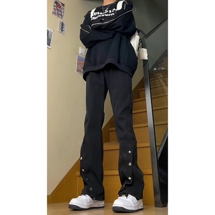 皮带款黑色高腰牛仔裤男秋季美式hiphop裤子显腿长vibe微喇排扣裤