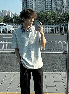 灰色格子拼接短袖polo衫男夏季美式重磅翻领半袖cleanfit正肩t恤