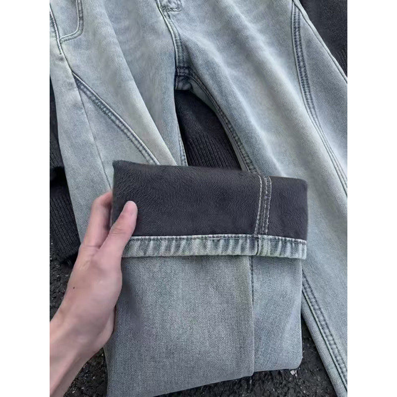 复古蓝美式斜切牛仔裤男款秋冬加绒加厚保暖裤子cleanfit微喇长裤,男装,牛仔裤,淘宝优惠券,粉丝福利购,淘宝优惠卷