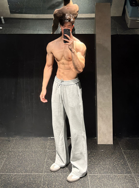 灰色运动卫裤男秋季薄款美式高街baggy垂感裤子直筒跑步健身长裤