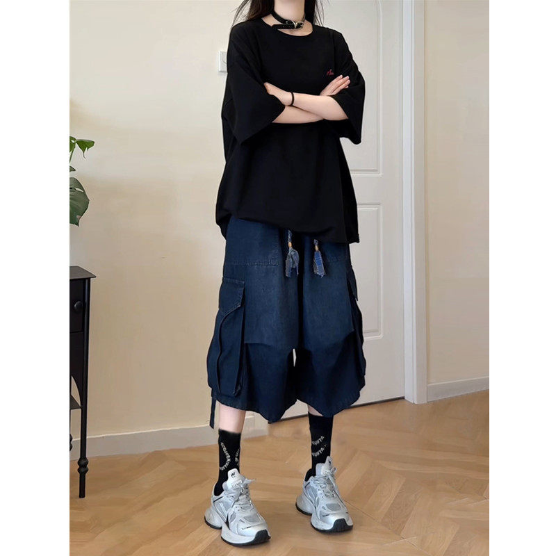 蓝色工装牛仔七分裤男女夏薄款飘带褶皱伞兵裤子美式高街直筒中裤