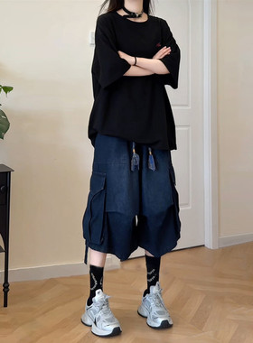 蓝色工装牛仔七分裤男女夏薄款飘带褶皱伞兵裤子美式高街直筒中裤
