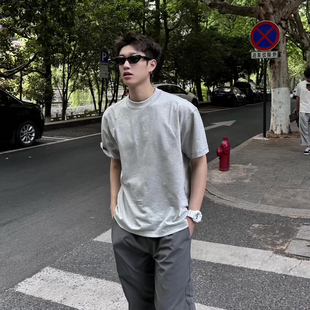 花灰色小领口短袖男款夏季纯棉重磅美式正肩t恤显肌肉高级感痞帅