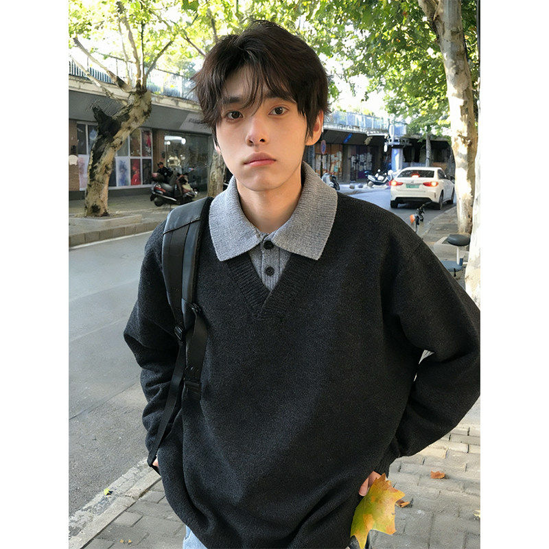 老钱风复古假两件翻领毛衣男秋冬慵懒风高级感情侣打底针织衫外套