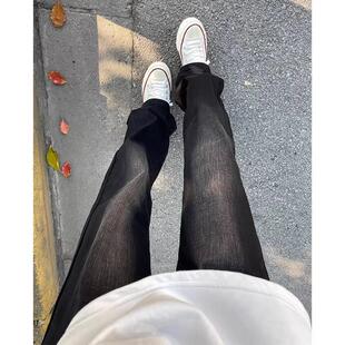 黑色渐变牛仔裤男秋冬款加绒加厚美式复古vibe裤子直筒弯刀微喇裤